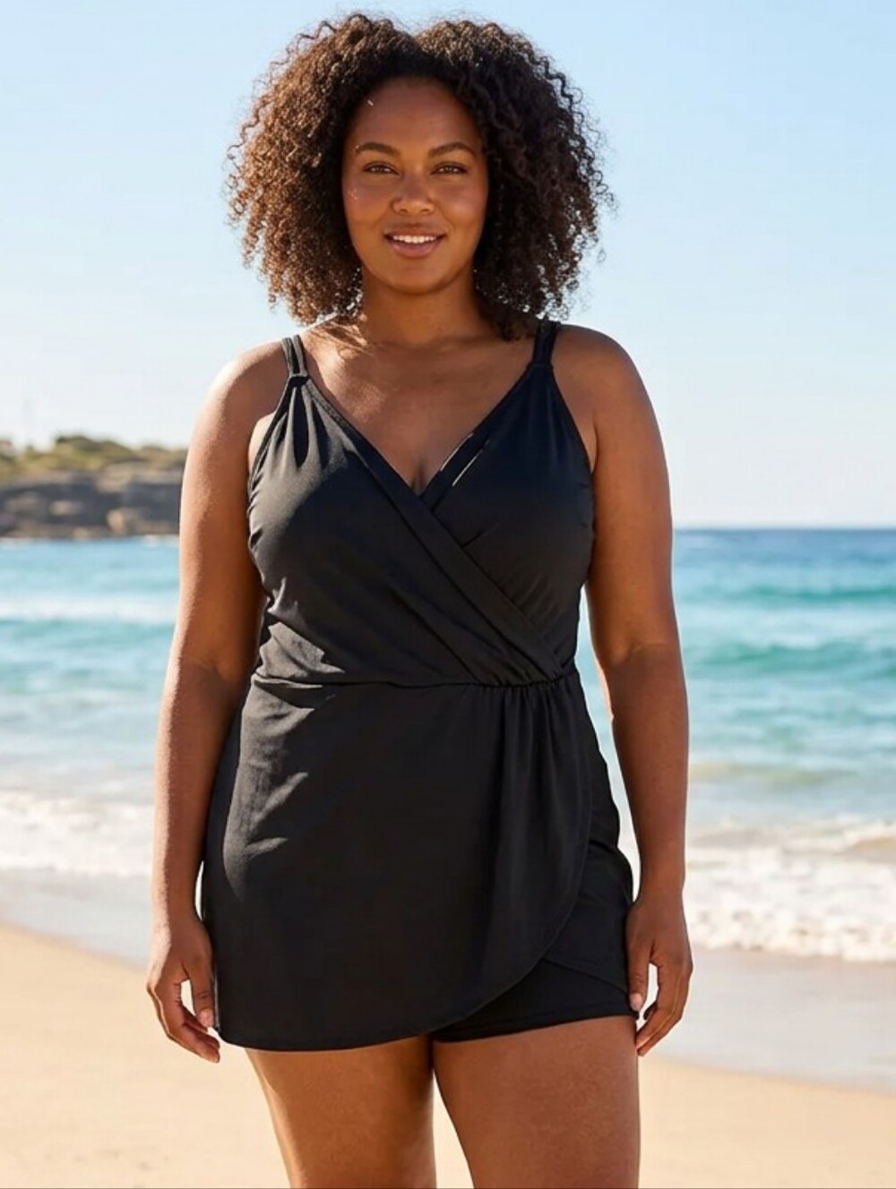 Lands' End Tulip Wrap Swim Dress 20W Tummy Control V Neck Black One Piece Modest